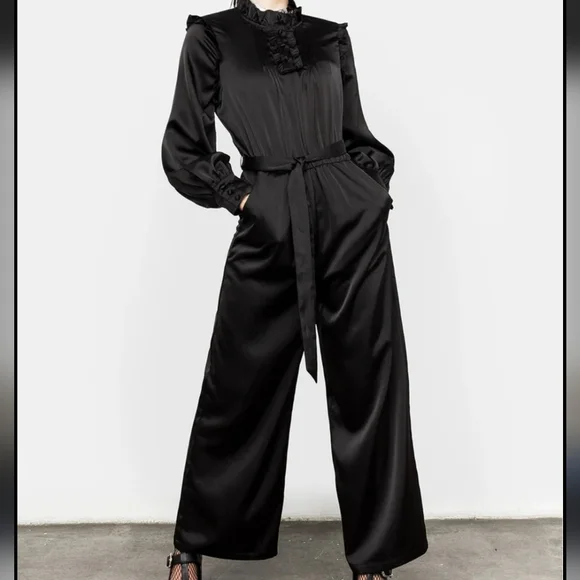 Disturbia Pintuck Rufflw Black Long Sleeve Ruffle- Jumpsuit Size 12 Belt Missing - Picture 1 of 13